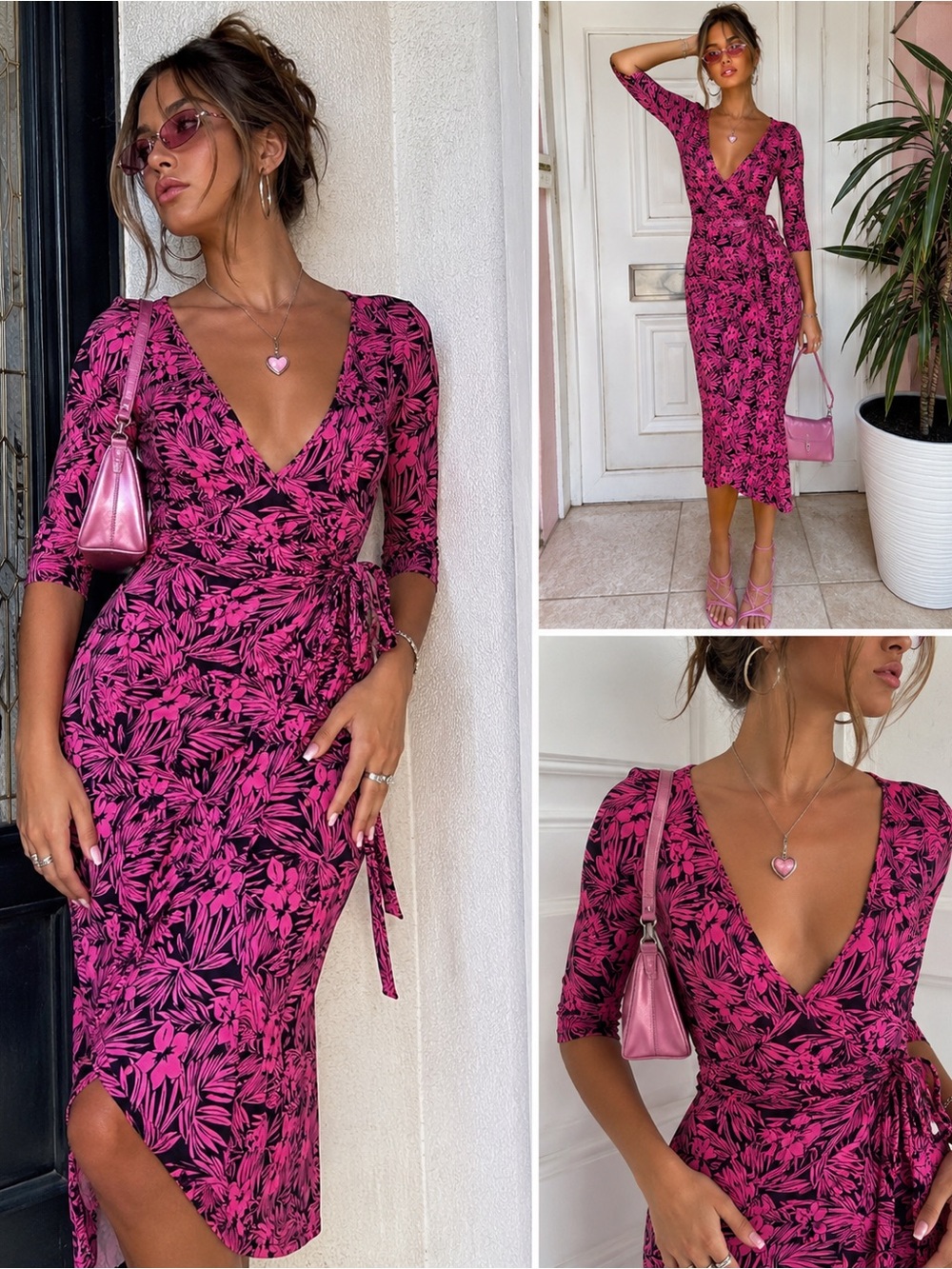 Vintage BCBG Paris Y2K Hot Pink Tropical Wrap Dress M